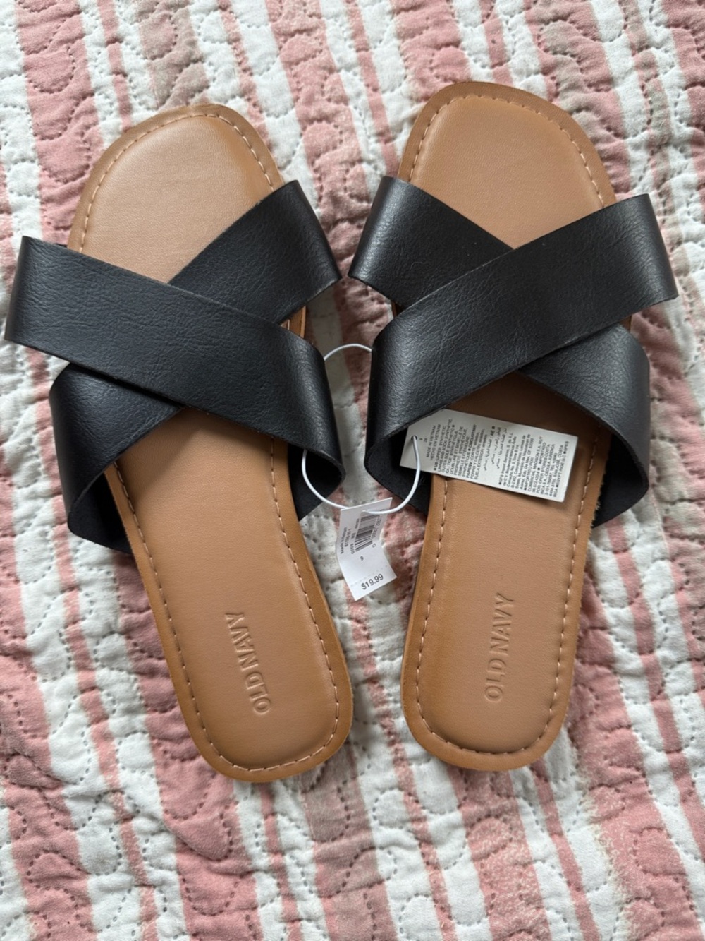 Old Navy Black Crisscross Slide Sandals with Tan Footbed